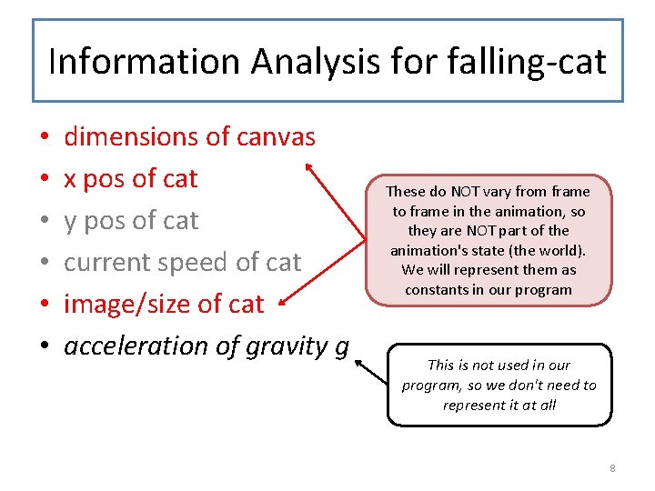 Information Analysis for falling-cat • • • dimensions of canvas x pos of cat