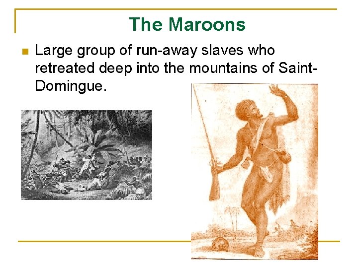 The Maroons n Large group of run-away slaves who retreated deep into the mountains