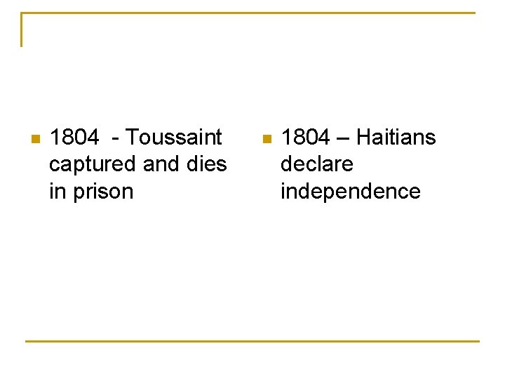 n 1804 - Toussaint captured and dies in prison n 1804 – Haitians declare