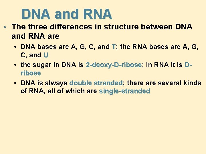 DNA and RNA • The three differences in structure between DNA and RNA are