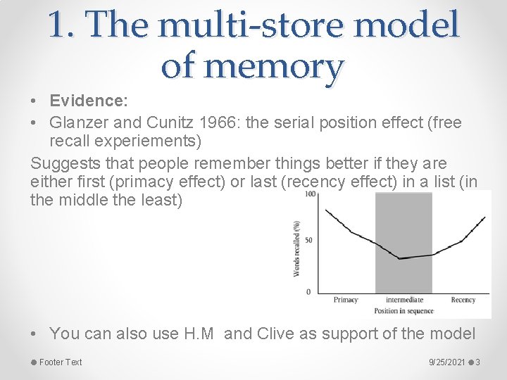 1. The multi-store model of memory • Evidence: • Glanzer and Cunitz 1966: the