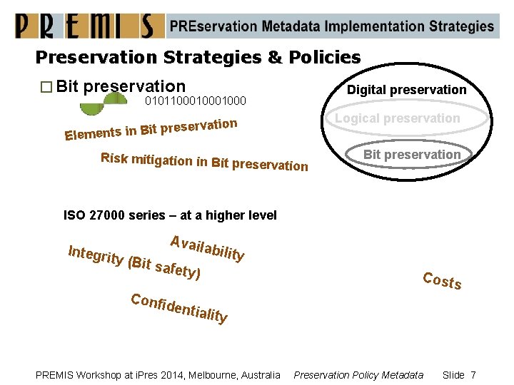 Preservation Strategies & Policies � Bit preservation Digital preservation 010110001000 Logical preservation e s