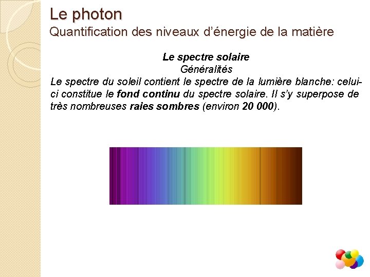 Le photon Quantification des niveaux d’énergie de la matière Le spectre solaire Généralités Le
