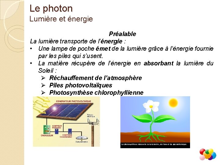 Le photon Lumière et énergie Préalable La lumière transporte de l’énergie : • Une