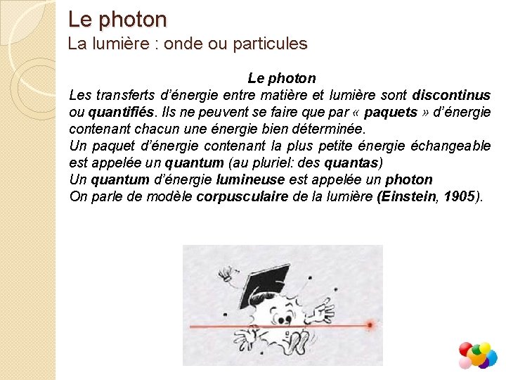 Le photon La lumière : onde ou particules Le photon Les transferts d’énergie entre