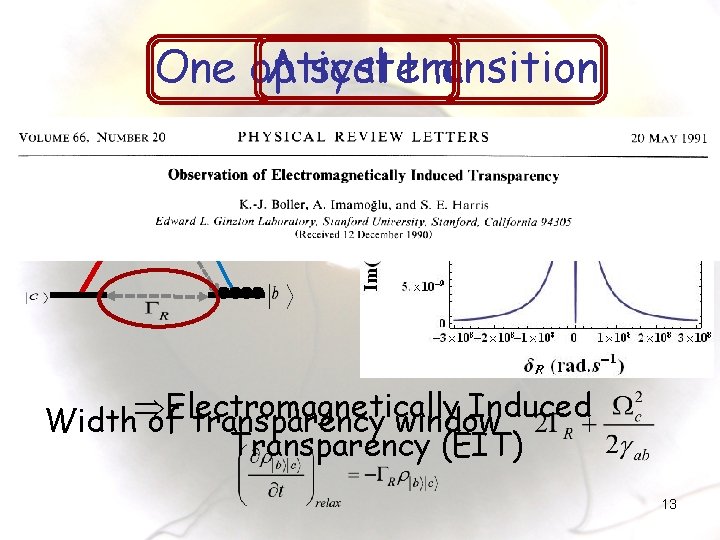 One optical transition Λ system Induced WidthÞ of. Electromagnetically transparency window Transparency (EIT) 13