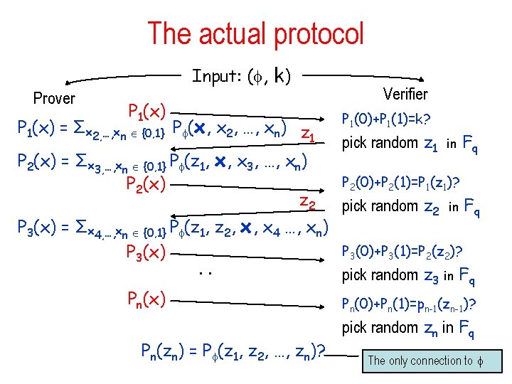 The actual protocol Input: ( , k) Prover P 1(x) = Σx 2, …,