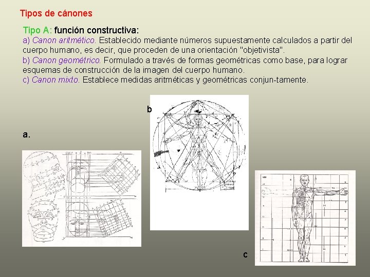 Tipos de cánones Tipo A: función constructiva: a) Canon aritmético. Establecido mediante números supuestamente