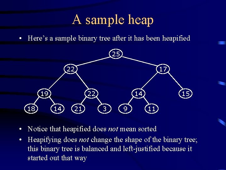 A sample heap • Here’s a sample binary tree after it has been heapified