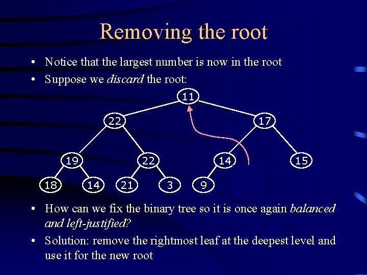 Removing the root • Notice that the largest number is now in the root