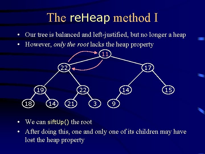 The re. Heap method I • Our tree is balanced and left-justified, but no