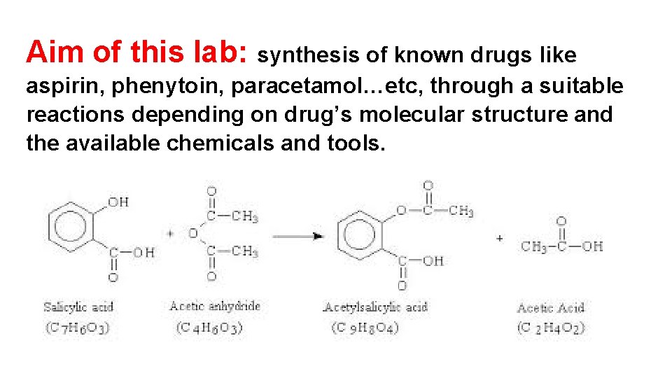 Aim of this lab: synthesis of known drugs like aspirin, phenytoin, paracetamol…etc, through a