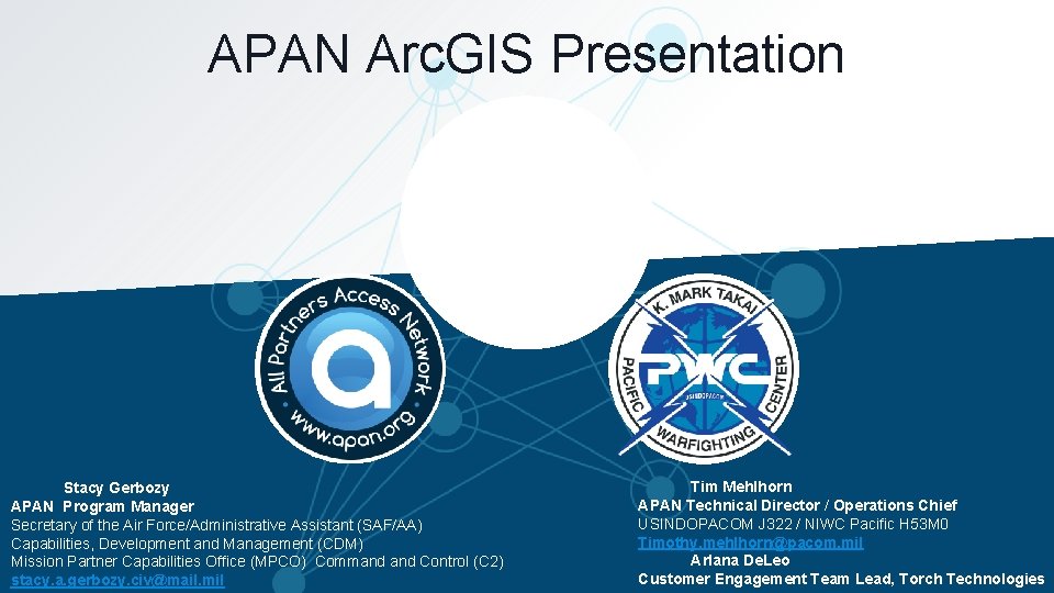 APAN Arc. GIS Presentation Stacy Gerbozy APAN Program Manager Secretary of the Air Force/Administrative