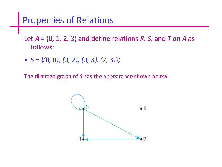 Properties of Relations Let A = {0, 1, 2, 3} and define relations R,