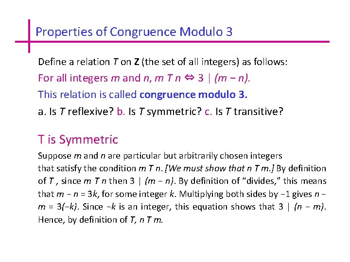 Properties of Congruence Modulo 3 Define a relation T on Z (the set of