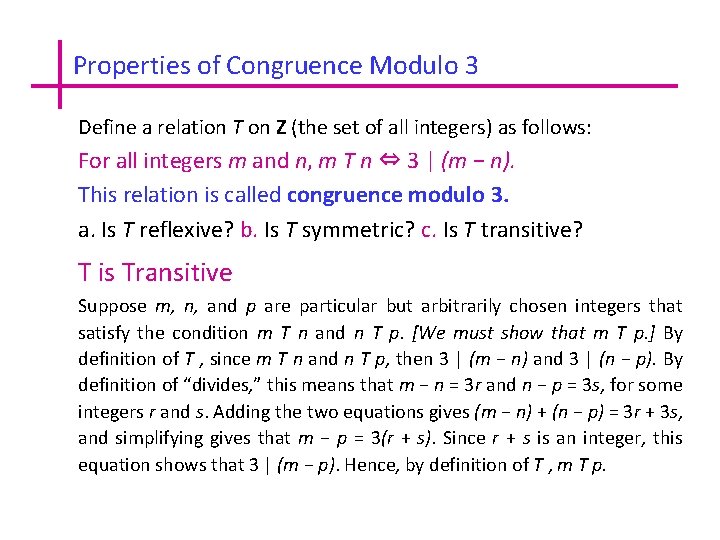 Properties of Congruence Modulo 3 Define a relation T on Z (the set of