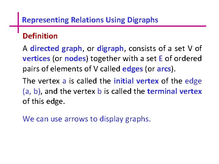 Representing Relations Using Digraphs Definition A directed graph, or digraph, consists of a set