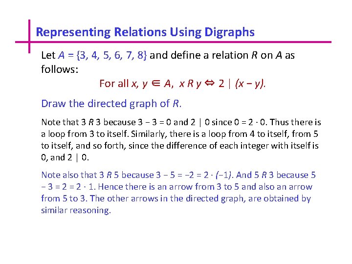 Representing Relations Using Digraphs Let A = {3, 4, 5, 6, 7, 8} and