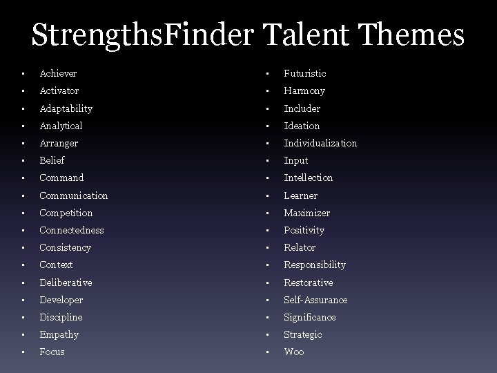 Strengths. Finder Talent Themes • Achiever • Futuristic • Activator • Harmony • Adaptability