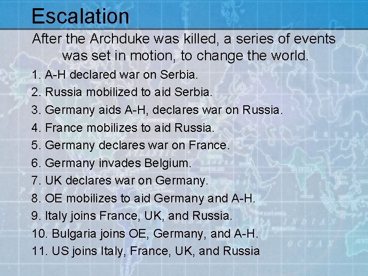 Escalation After the Archduke was killed, a series of events was set in motion,