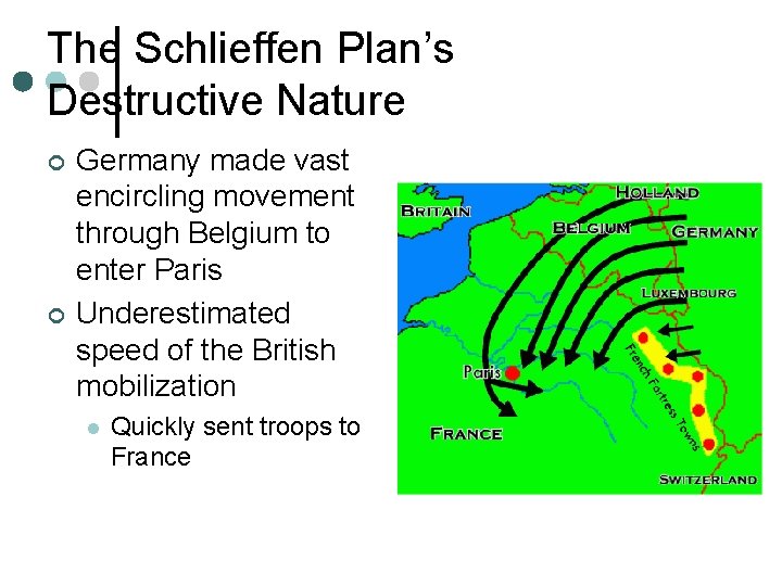 The Schlieffen Plan’s Destructive Nature ¢ ¢ Germany made vast encircling movement through Belgium