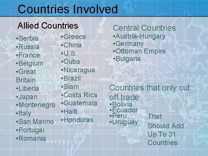 Countries Involved Allied Countries • Serbia • Russia • France • Belgium • Great