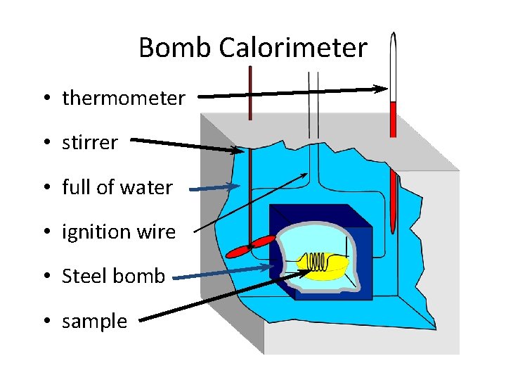 Bomb Calorimeter • thermometer • stirrer • full of water • ignition wire •