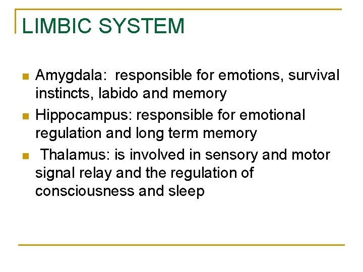 LIMBIC SYSTEM n n n Amygdala: responsible for emotions, survival instincts, labido and memory