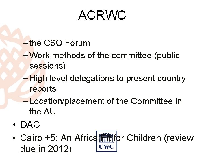 ACRWC – the CSO Forum – Work methods of the committee (public sessions) –