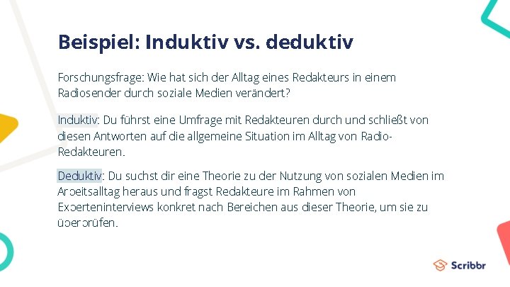 Beispiel: Induktiv vs. deduktiv Forschungsfrage: Wie hat sich der Alltag eines Redakteurs in einem