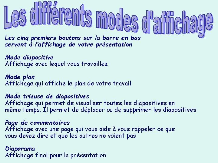 Les cinq premiers boutons sur la barre en bas servent à l’affichage de votre