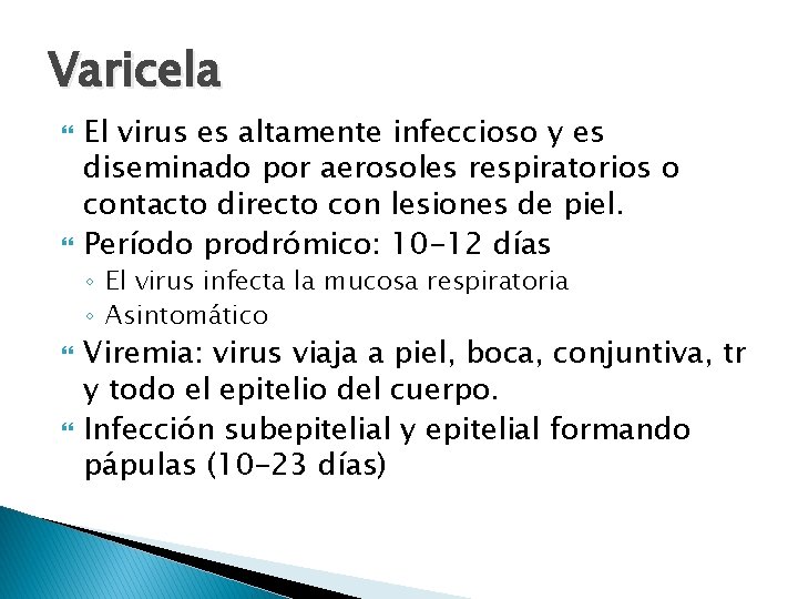 Varicela El virus es altamente infeccioso y es diseminado por aerosoles respiratorios o contacto