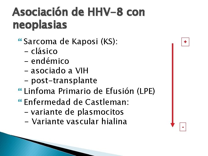 Asociación de HHV-8 con neoplasias Sarcoma de Kaposi (KS): – clásico – endémico –