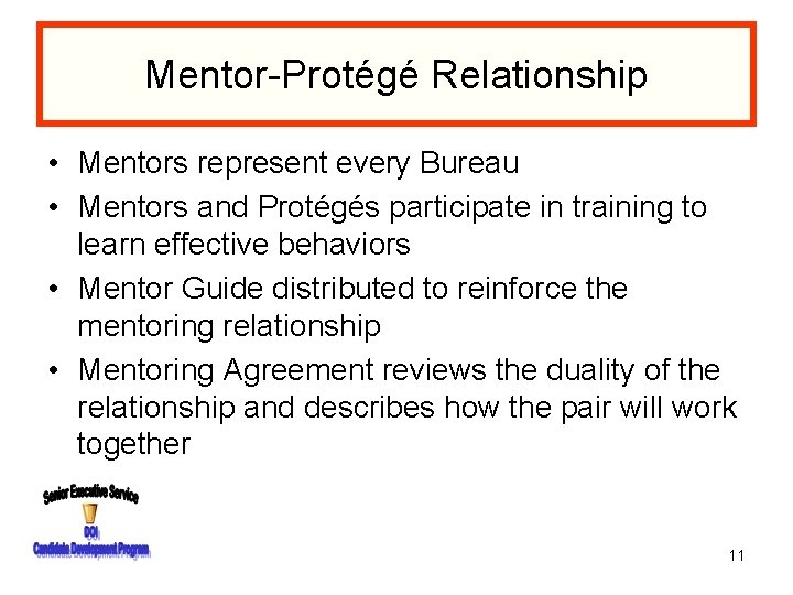 Mentor-Protégé Relationship • Mentors represent every Bureau • Mentors and Protégés participate in training