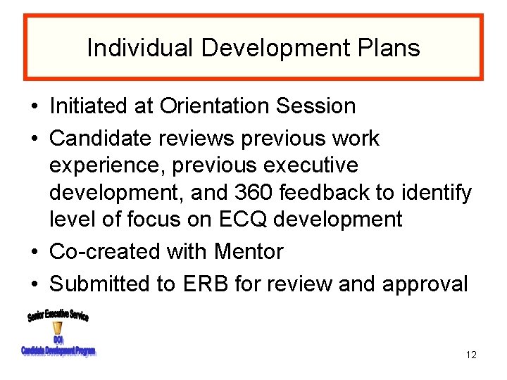 Individual Development Plans • Initiated at Orientation Session • Candidate reviews previous work experience,