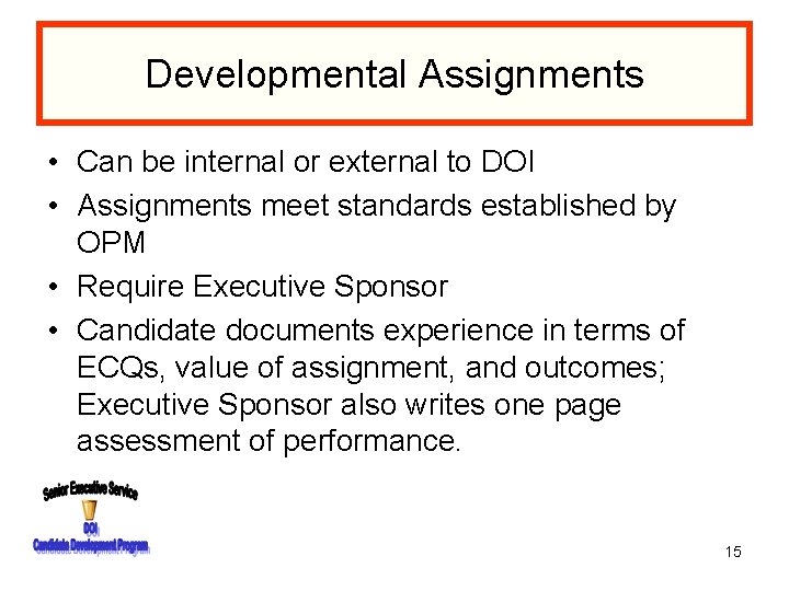 Developmental Assignments • Can be internal or external to DOI • Assignments meet standards
