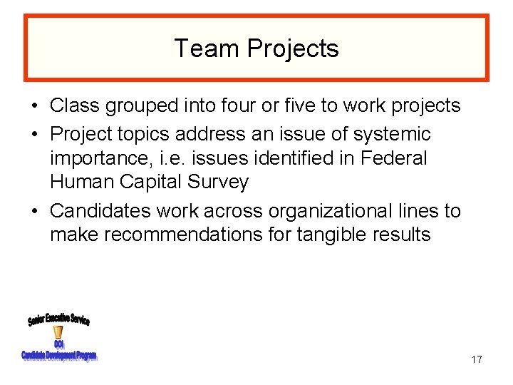Team Projects • Class grouped into four or five to work projects • Project