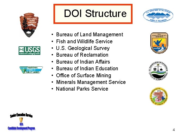 DOI Structure • • • Bureau of Land Management Fish and Wildlife Service U.