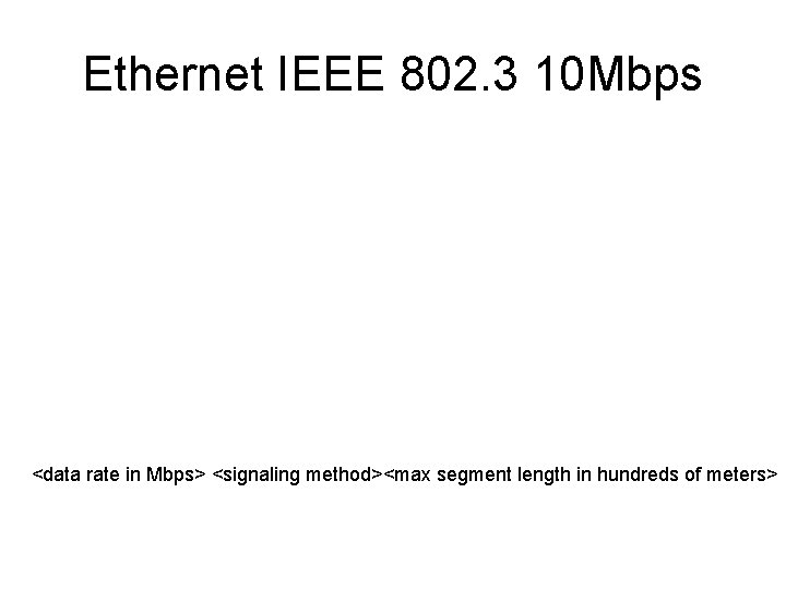 Ethernet IEEE 802. 3 10 Mbps <data rate in Mbps> <signaling method><max segment length