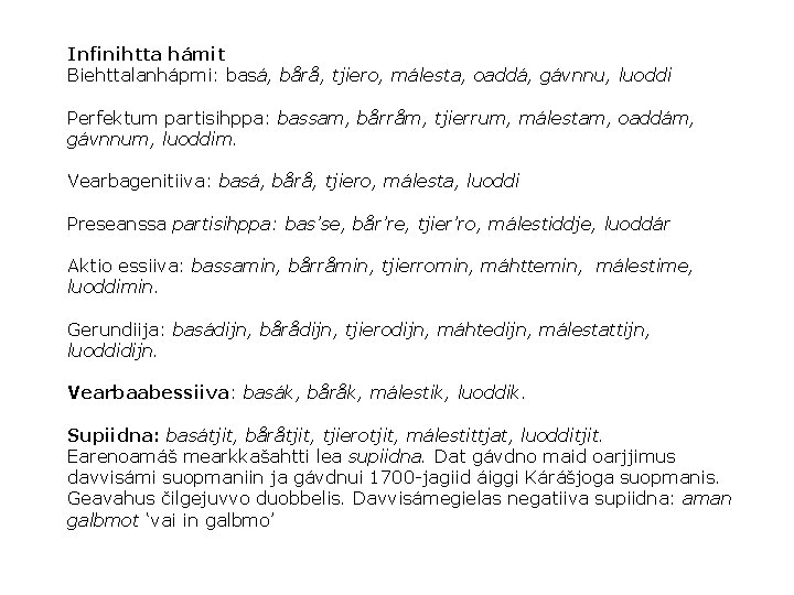 Infinihtta hámit Biehttalanhápmi: basá, bårå, tjiero, málesta, oaddá, gávnnu, luoddi Perfektum partisihppa: bassam, bårråm,