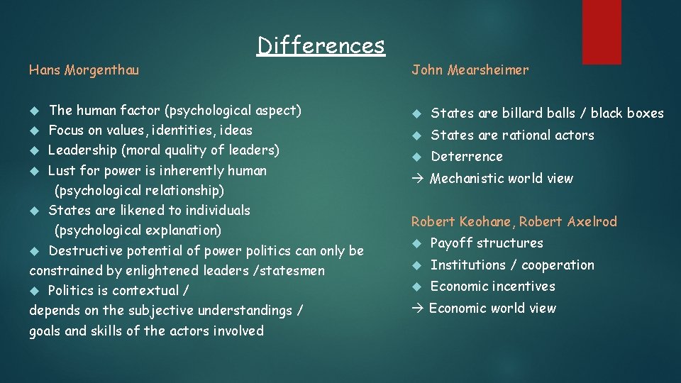 Differences Hans Morgenthau The human factor (psychological aspect) Focus on values, identities, ideas Leadership