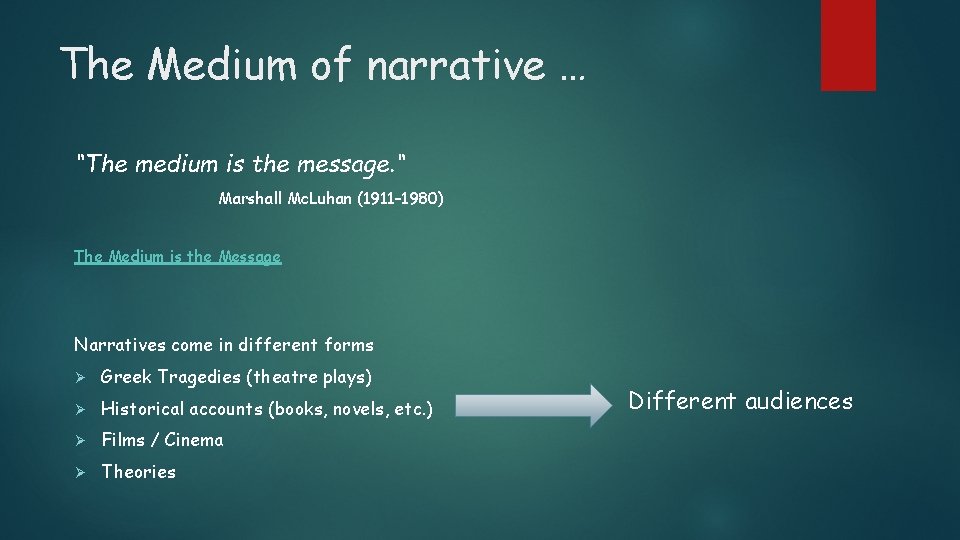 The Medium of narrative … “The medium is the message. “ Marshall Mc. Luhan