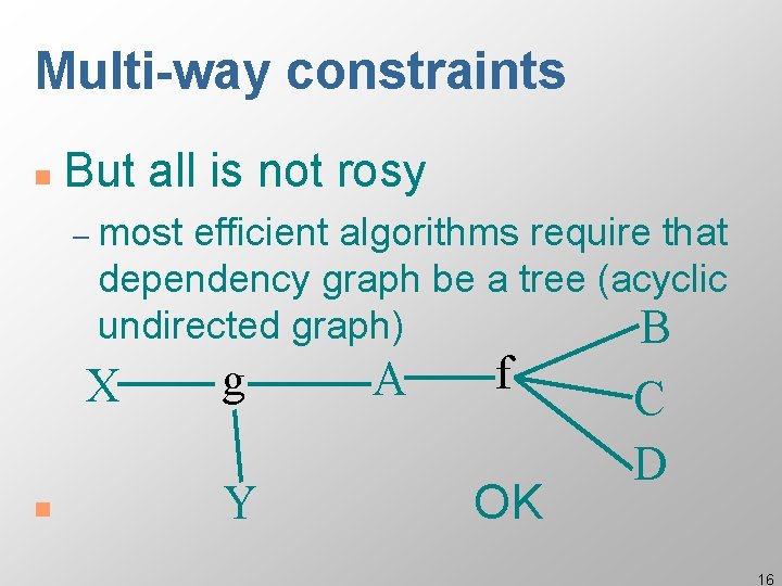 Multi-way constraints n But all is not rosy – most efficient algorithms require that