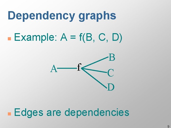Dependency graphs n Example: A = f(B, C, D) A n f B C
