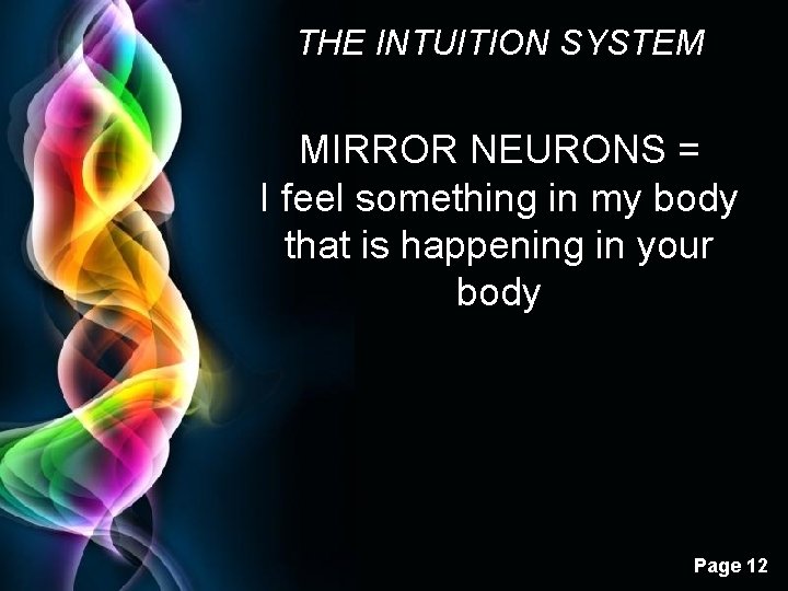 THE INTUITION SYSTEM MIRROR NEURONS = I feel something in my body that is THE INTUITION SYSTEM MIRROR NEURONS = I feel something in my body that is