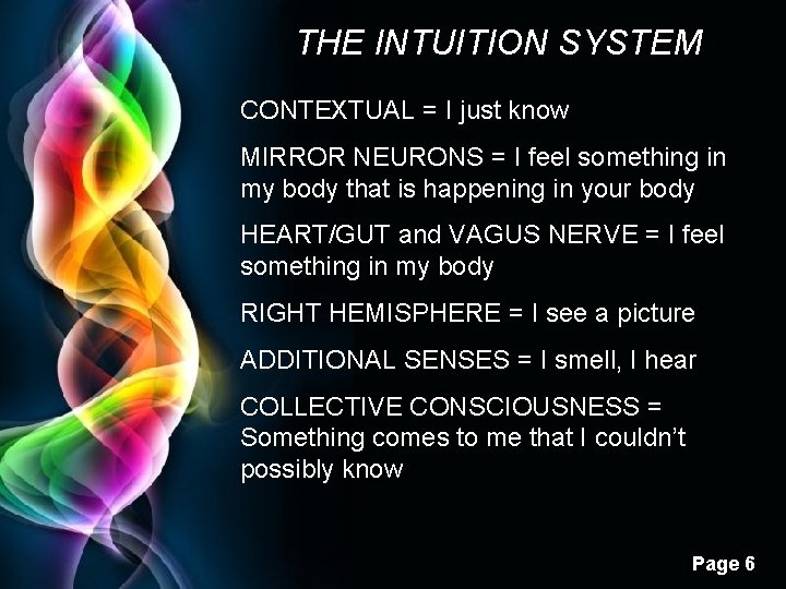 THE INTUITION SYSTEM CONTEXTUAL = I just know MIRROR NEURONS = I feel something THE INTUITION SYSTEM CONTEXTUAL = I just know MIRROR NEURONS = I feel something