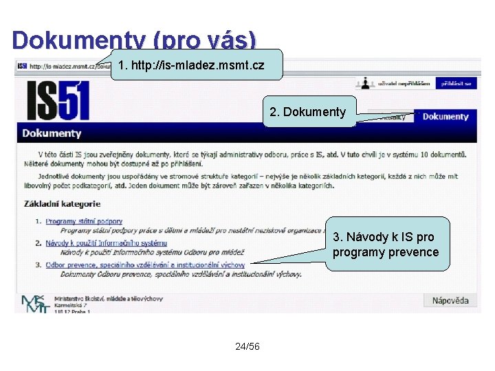 Dokumenty (pro vás) 1. http: //is-mladez. msmt. cz 2. Dokumenty 3. Návody k IS