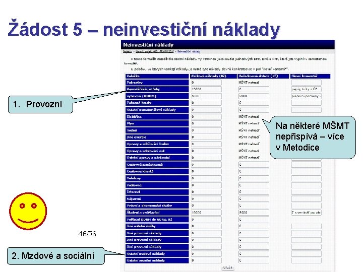 Žádost 5 – neinvestiční náklady 1. Provozní Na některé MŠMT nepřispívá – více v