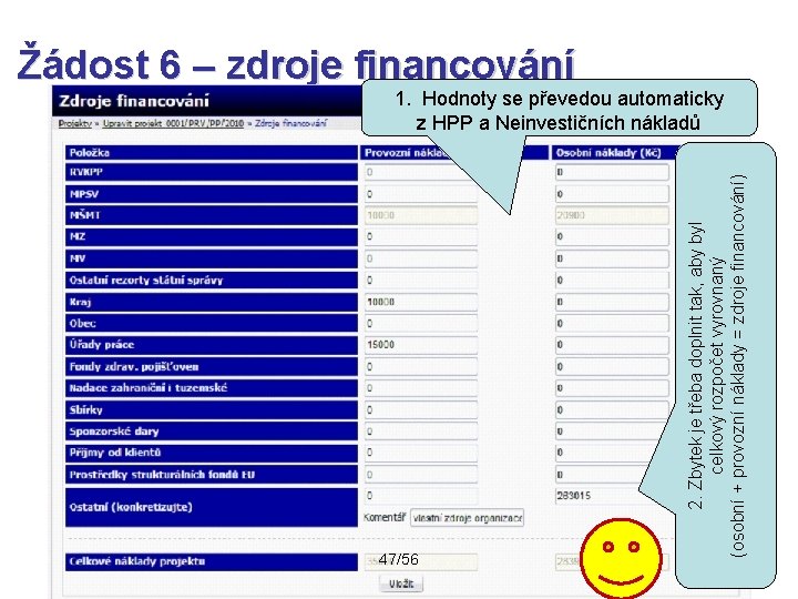 47/56 2. Zbytek je třeba doplnit tak, aby byl celkový rozpočet vyrovnaný (osobní +