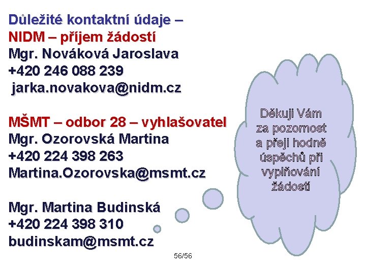 Důležité kontaktní údaje – NIDM – příjem žádostí Mgr. Nováková Jaroslava +420 246 088
